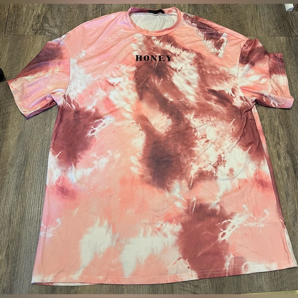 SHEIN Pink and White Tie-Dye Top. Women’s tee shirt